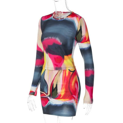 Long sleeve tie dye round neck mini skirt set-final-sale