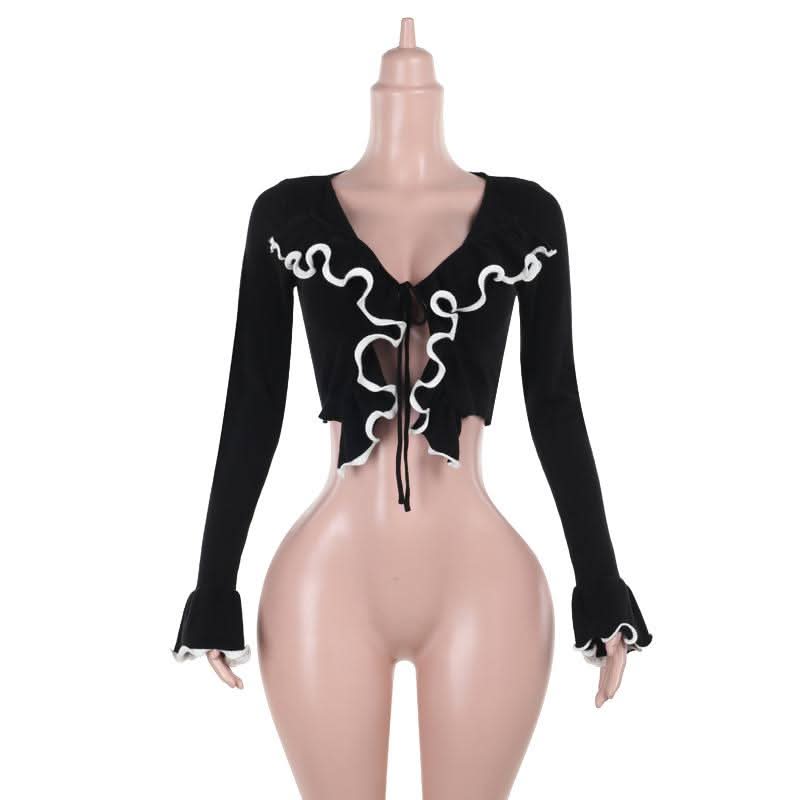 Long flared sleeve ruffle v neck self tie ruched top