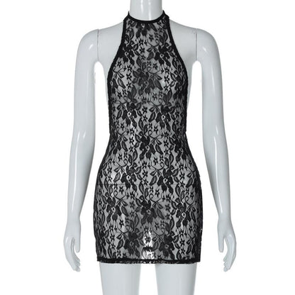 Lace see through halter backless solid mini dress