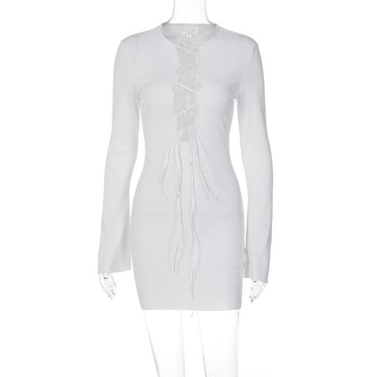 Lace up solid long sleeve ribbed self tie mini dress
