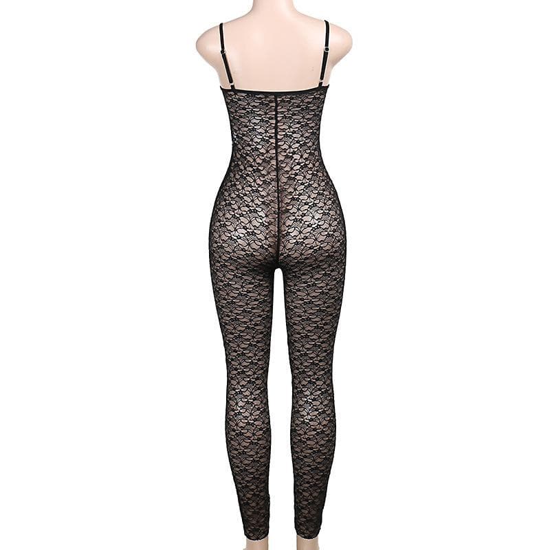 V neck hollow out solid lace cami jumpsuit
