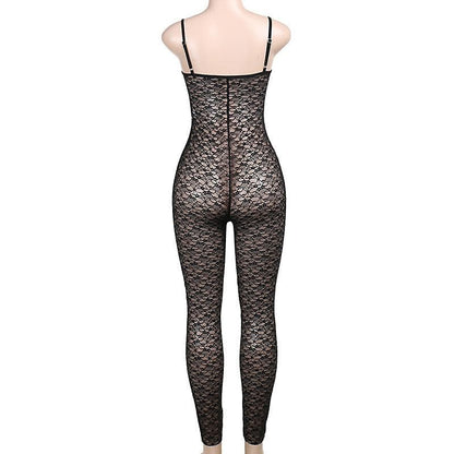 V neck hollow out solid lace cami jumpsuit
