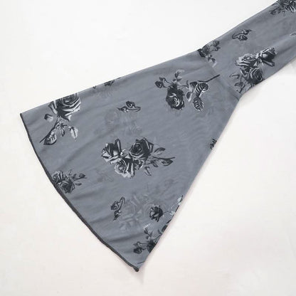 Long flared sleeve v neck self tie ruffle flower print top