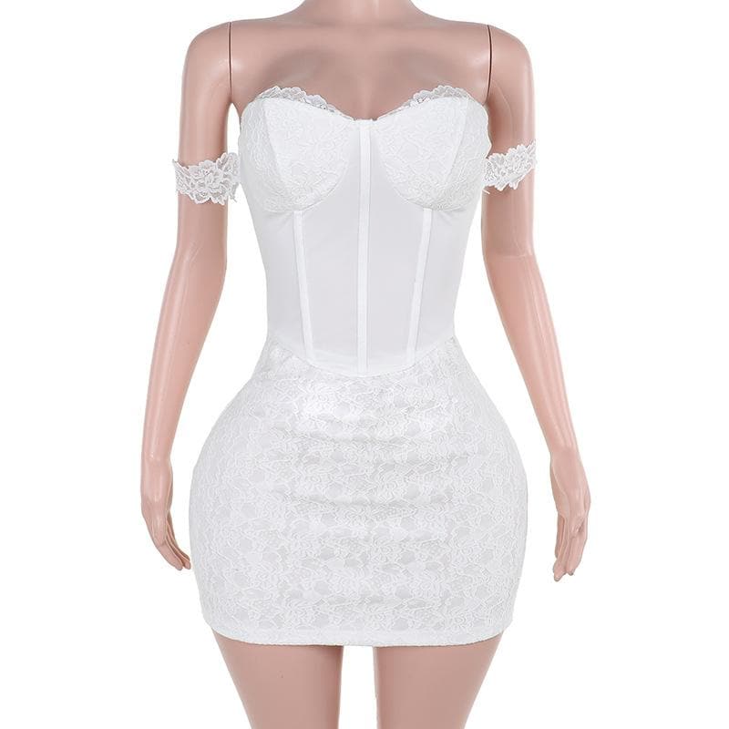 Sweetheart neck off shoulder bustier lace mini dress