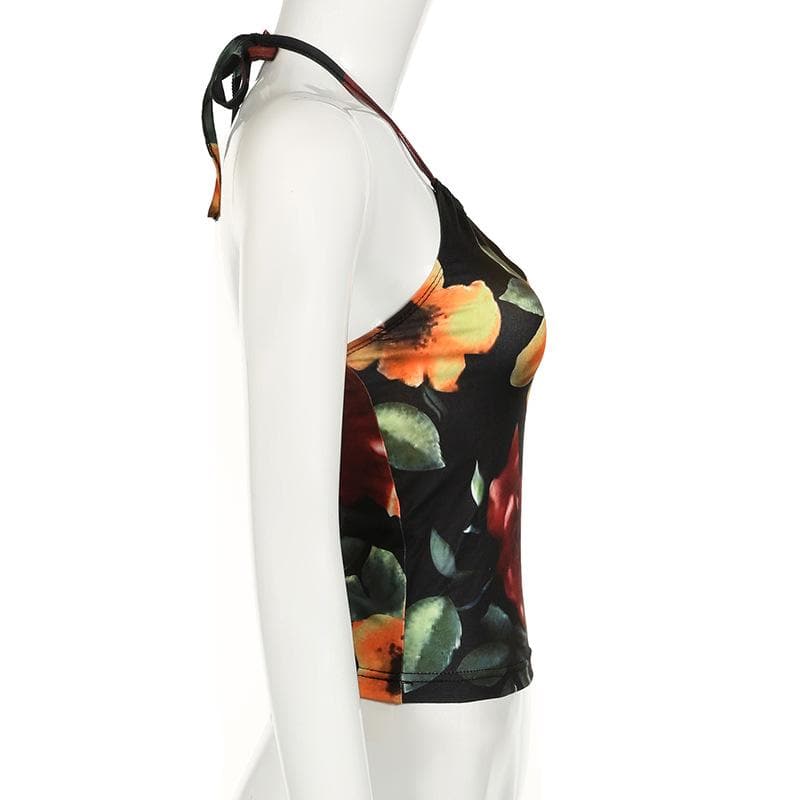 Halter drawstring ruched hollow out flower print cut out top