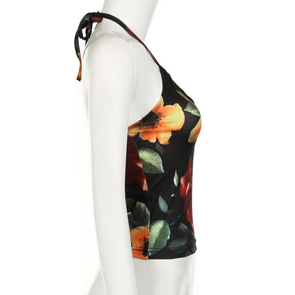 Halter drawstring ruched hollow out flower print cut out top