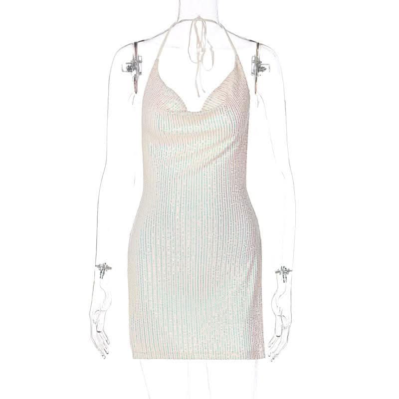 Glitter cowl neck halter slit backless mini dress-final-sale