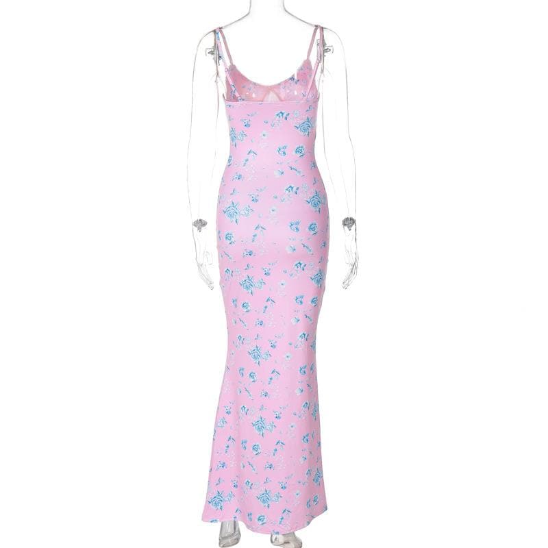 Flower print v neck backless cami maxi dress