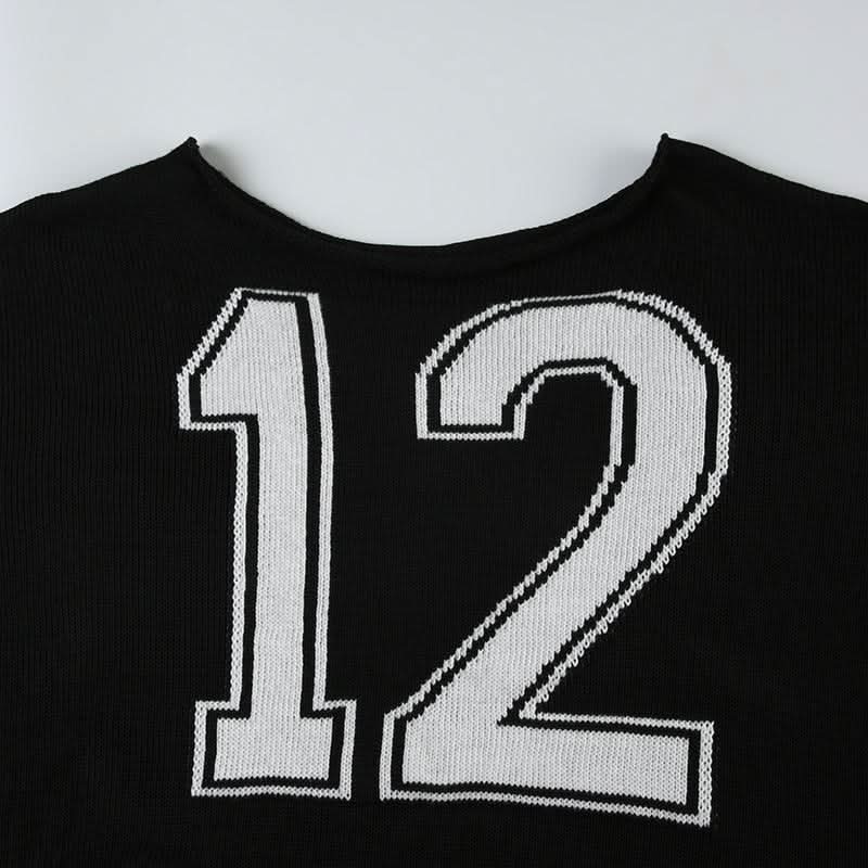 Long sleeve off shoulder "12" print knitted top