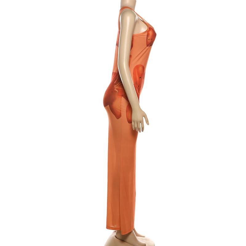 Irregular u neck flower print see through maxi dress