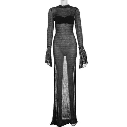 Long flared sleeve textured see through maxi dress