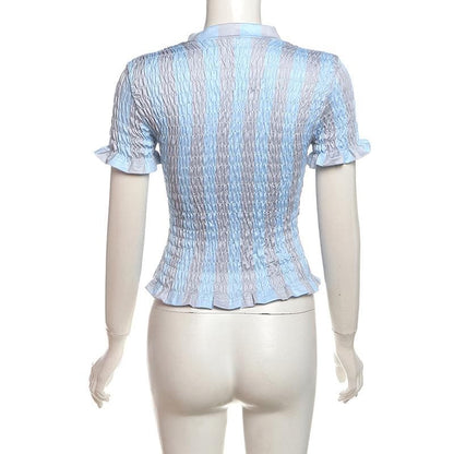 Short sleeve crewneck ruffle smocked letter print top