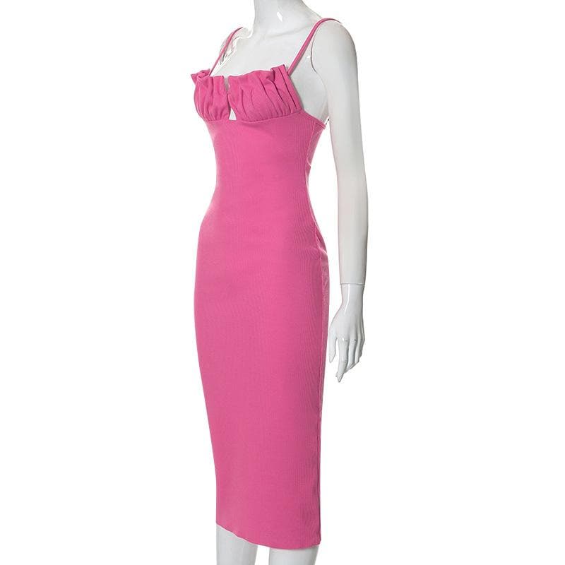 Spaghetti Strap Ruched Bust Keyhole Ribbed Knit Bodycon Midi Dress