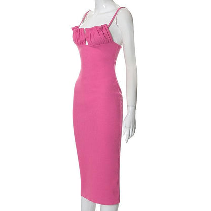 Spaghetti Strap Ruched Bust Keyhole Ribbed Knit Bodycon Midi Dress