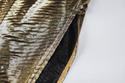 Halter cowl neck metallic high slit backless mini dress