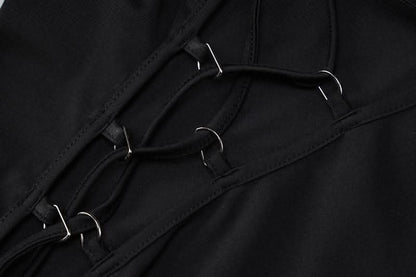 Lace up irregular long sleeve hollow out backless cut out maxi dress-final-sale