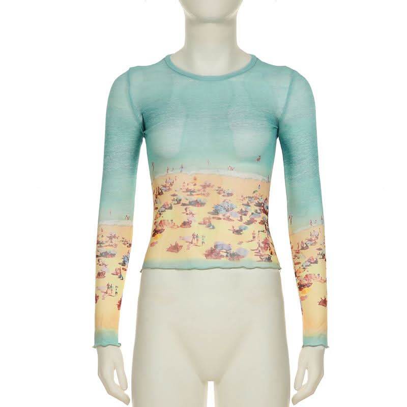 Long sleeve crewneck contrast mesh top