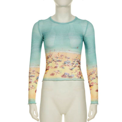 Long sleeve crewneck contrast mesh top