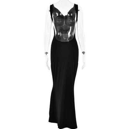 Cowl neck solid backless ruched hollow out cut out maxi dress