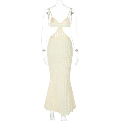 Solid hollow out waffle backless cami cut out midi dress