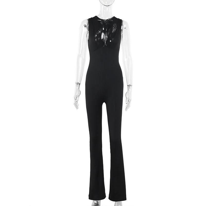Lace hem deep V neck sleeveless solid jumpsuit