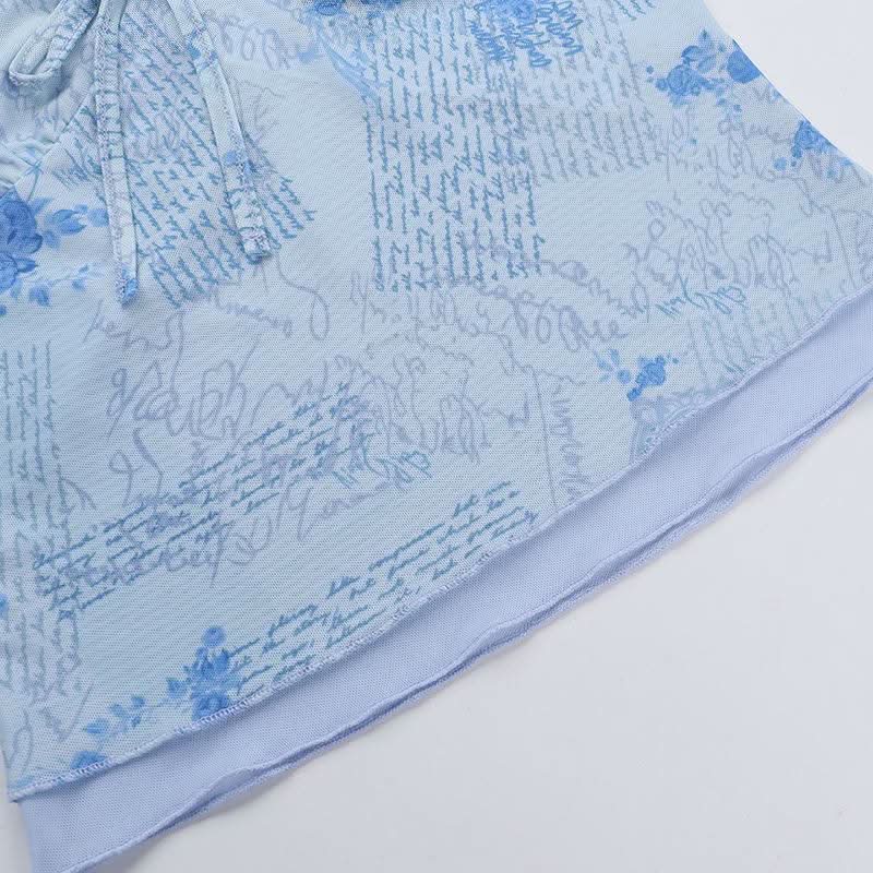 Mesh v neck print backless cami top