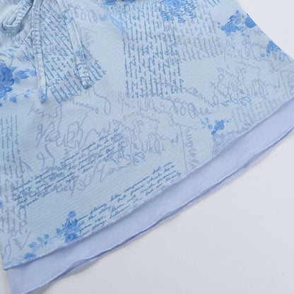 Mesh v neck print backless cami top