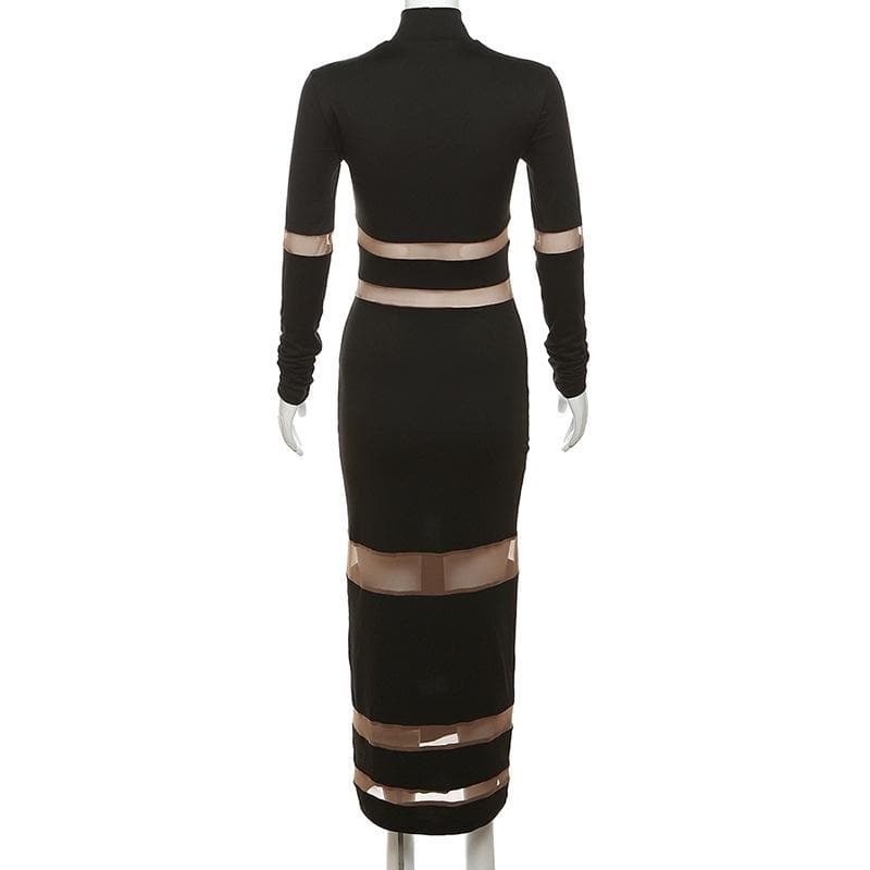 High Neck Mesh Panel Contrast Long Sleeve Bodycon Maxi Dress