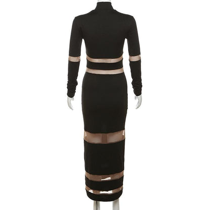 High Neck Mesh Panel Contrast Long Sleeve Bodycon Maxi Dress
