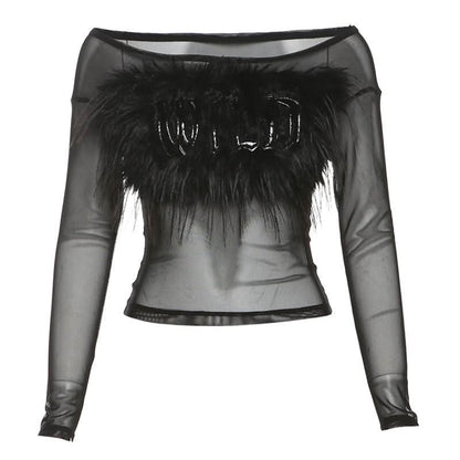 Long sleeve off shoulder feather letter embroidery top