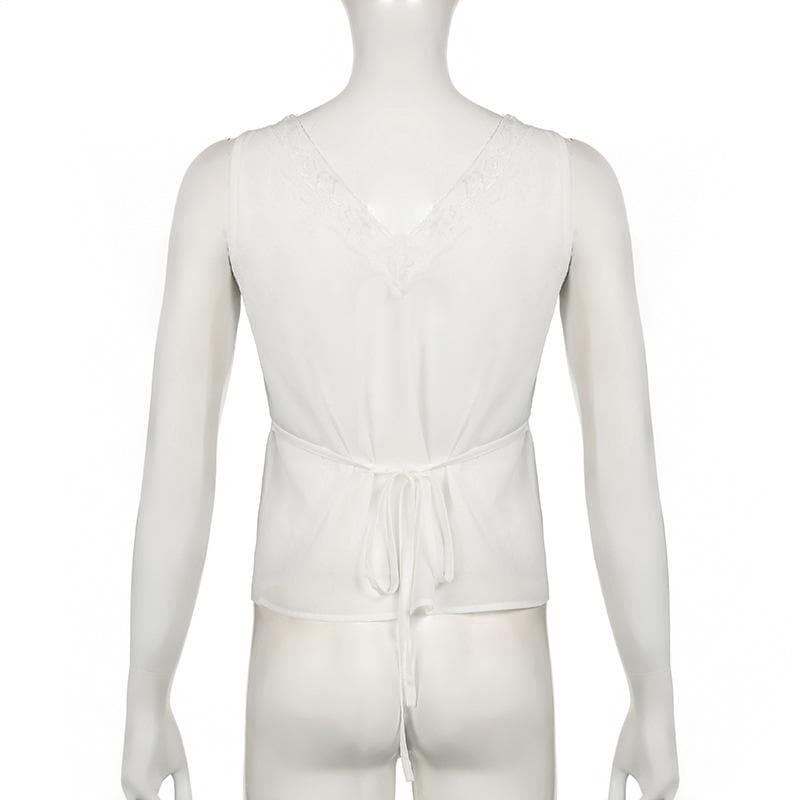 V neck button lace hem solid tank top