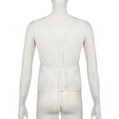 V neck button lace hem solid tank top