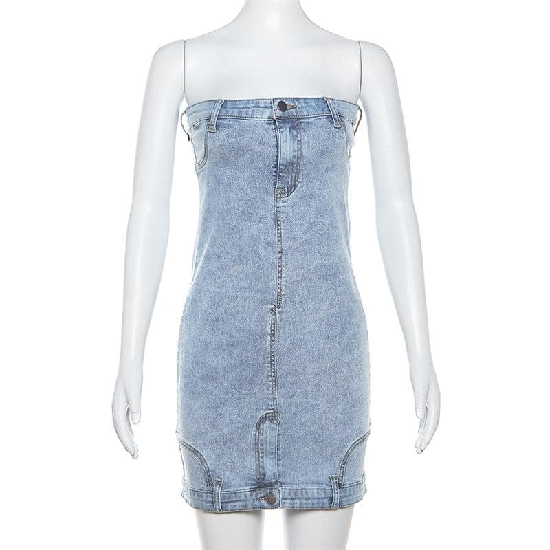 Button zip-up backless denim tube mini dress