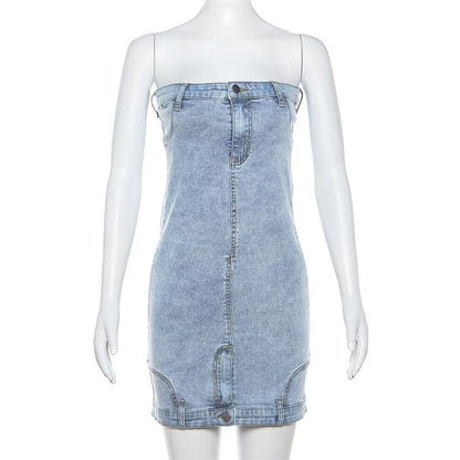 Button zip-up backless denim tube mini dress