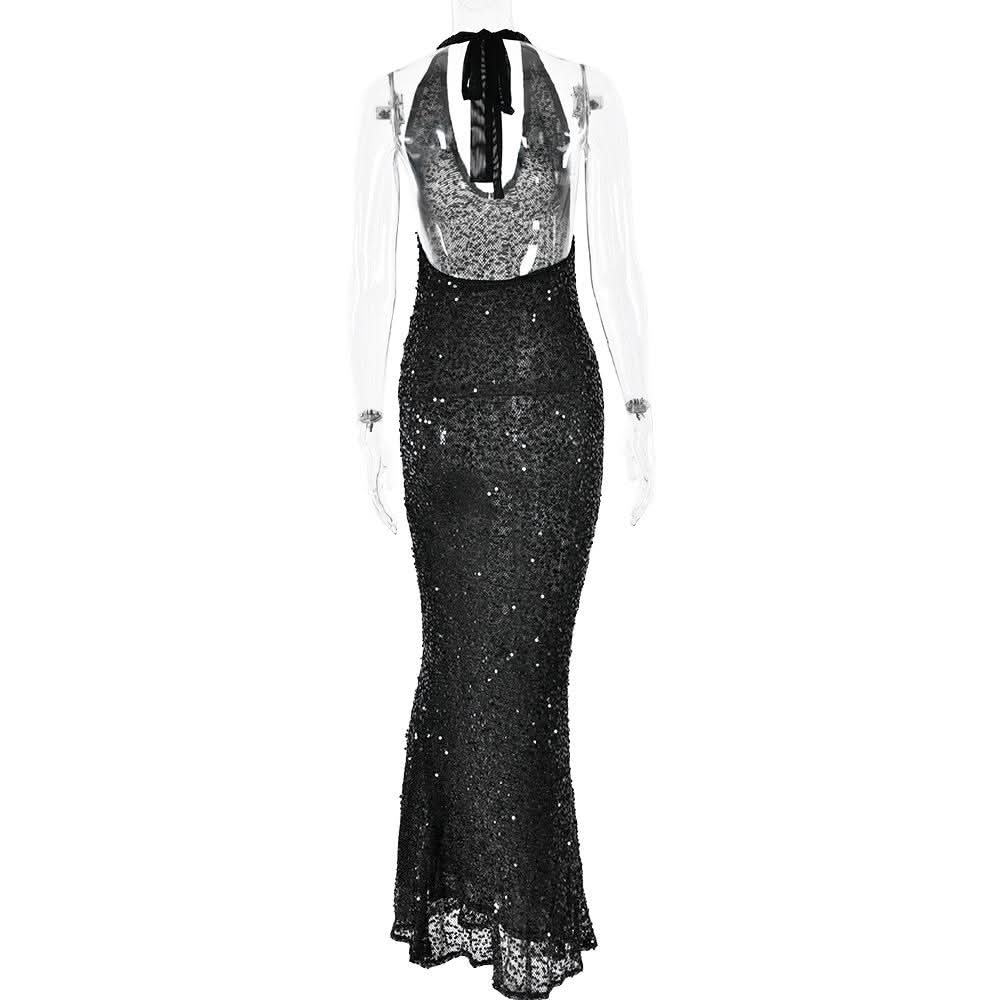 Halter self tie glitter u neck low cut backless maxi dress