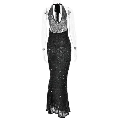 Halter self tie glitter u neck low cut backless maxi dress