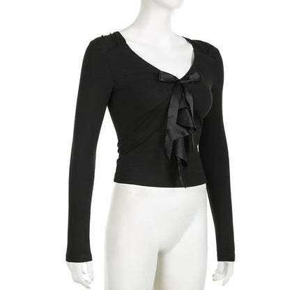Patchwork solid long sleeve bowknot v neck top
