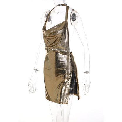 Halter cowl neck metallic high slit backless mini dress