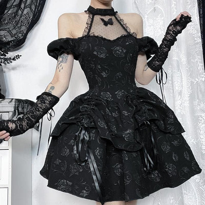 Short sleeve halter off shoulder butterfly flower pattern lace mini dress