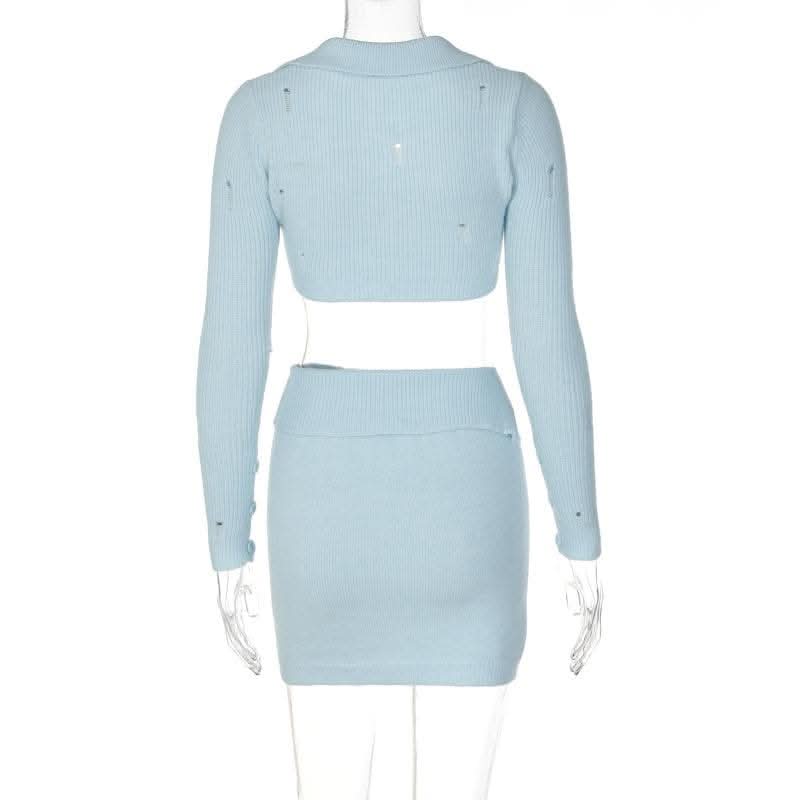 Button knitted solid long sleeve turnover collar mini skirt set-final-sale