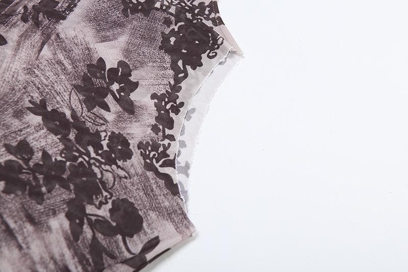 Sleeveless high neck print sheer mesh top
