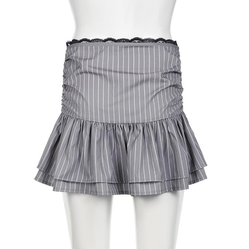 Drawstring ruched lace hem striped mini skirt