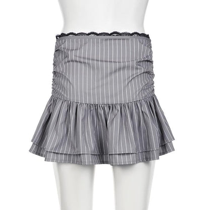 Drawstring ruched lace hem striped mini skirt