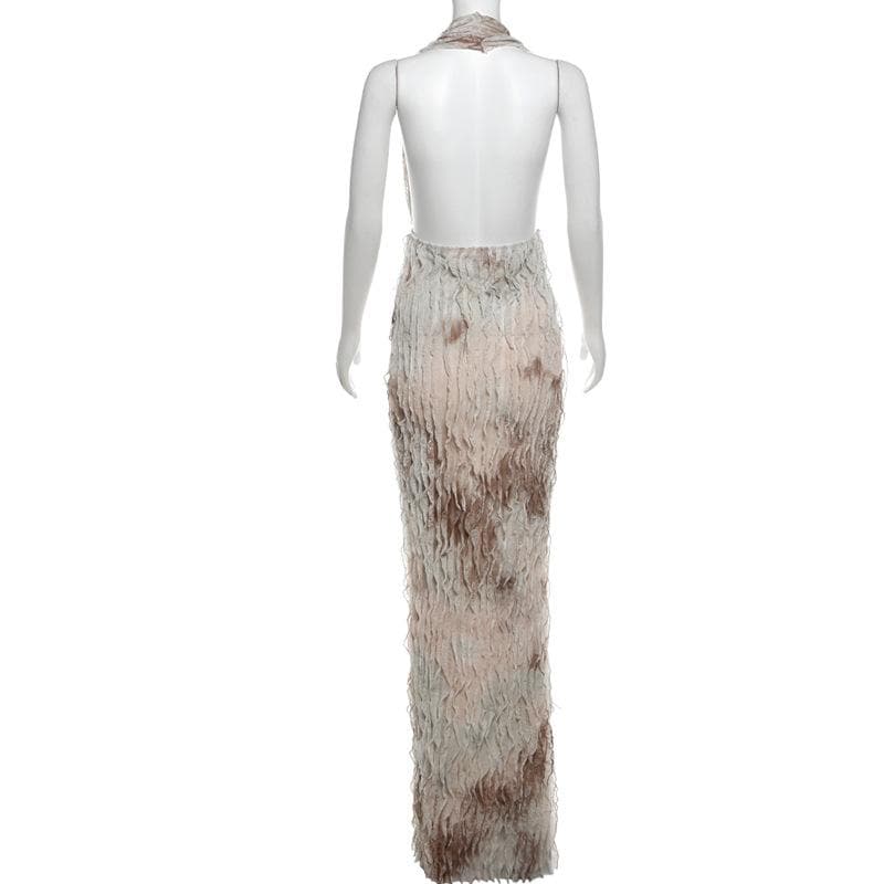 Halter ruffle deep square neck backless maxi dress