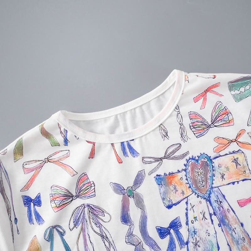 Crewneck long sleeve bowknot print contrast top