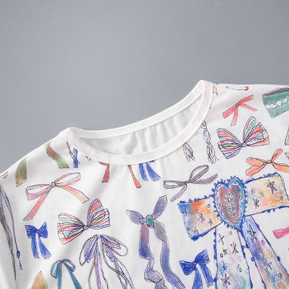 Crewneck long sleeve bowknot print contrast top