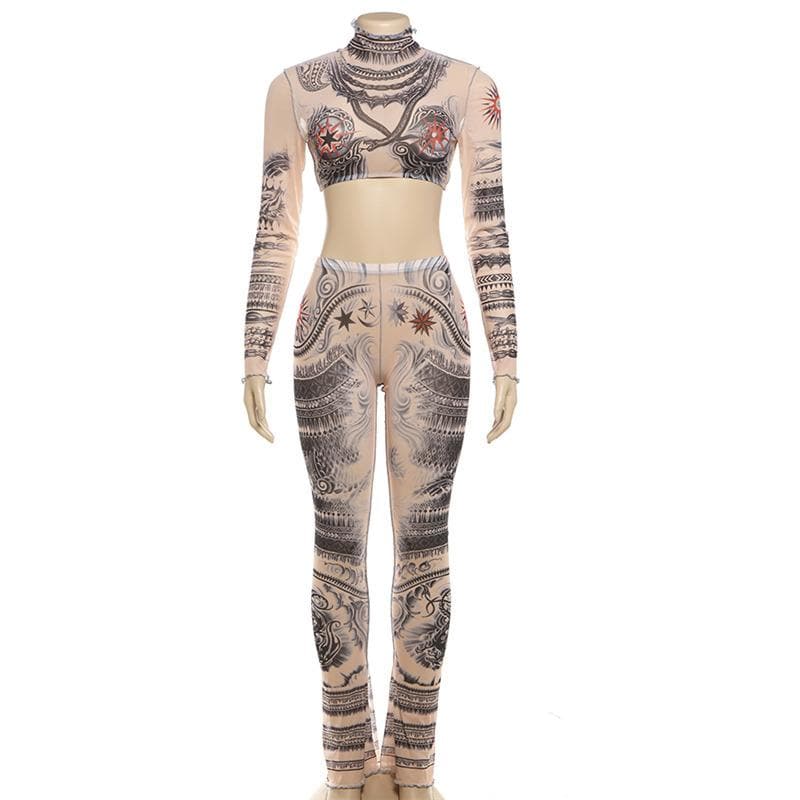 Long sleeve print high neck ruffle crop sheer mesh pant set
