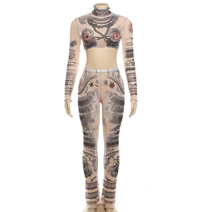Long sleeve print high neck ruffle crop sheer mesh pant set