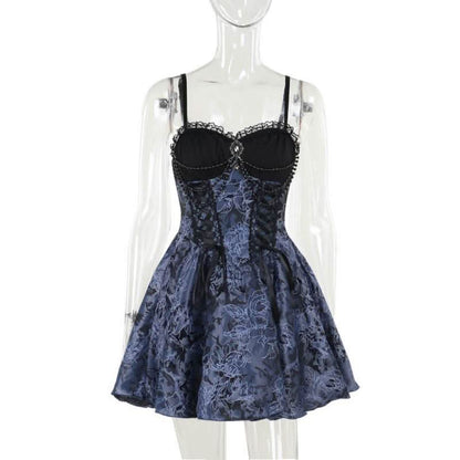 Sweetheart neck beaded smocked lace up cami mini dress