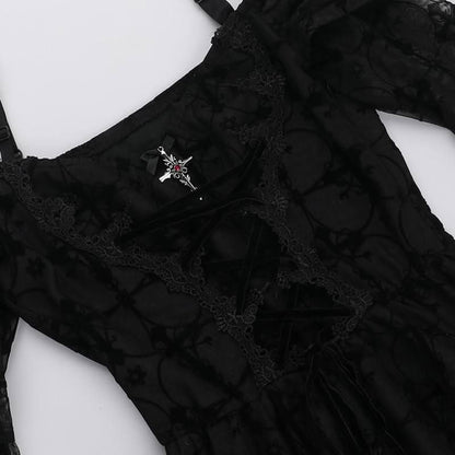 Long flared sleeve off shoulder cross applique mini dress